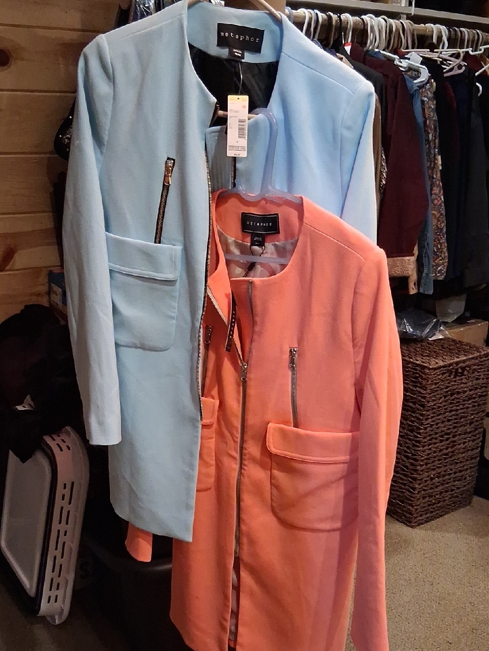 2 BLAZERS Metaphor Women's Coral & Light Blue Longline Zip-Front Trench Coat Duo